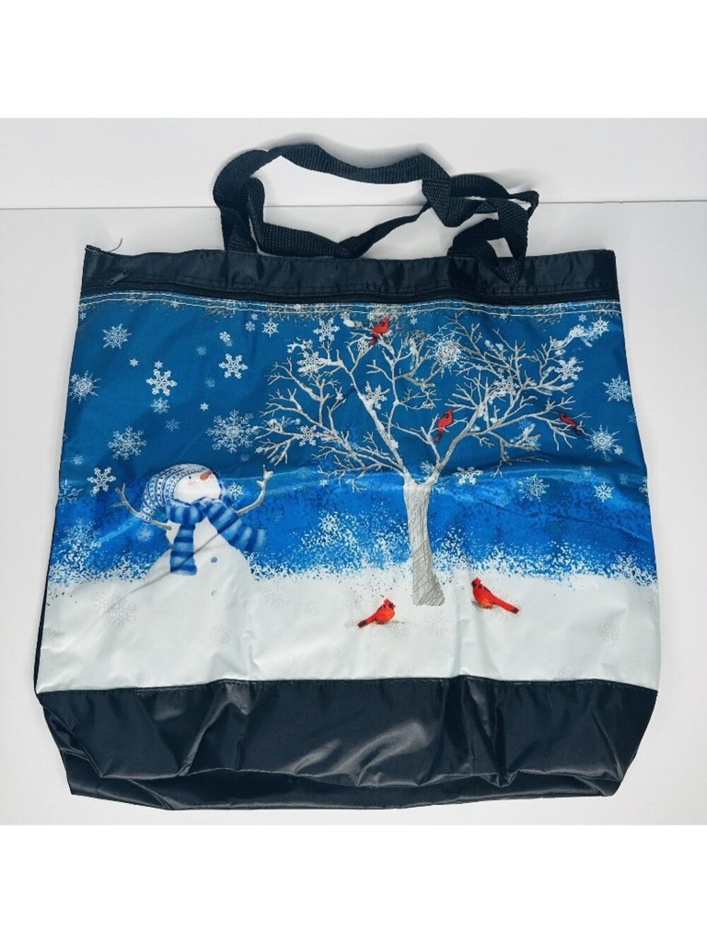 Snowman Red Cardinals Tote Bag Winter Snowflakes Nylon Zip Pocket Double Straps